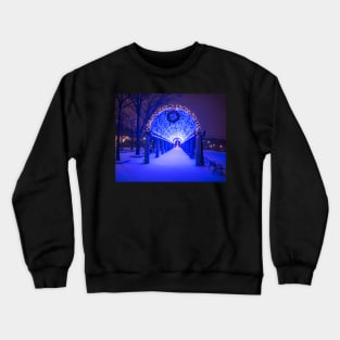 Christopher Columbus Park Trellis lit up for Christmas Snowstorm Boston MA Bench Crewneck Sweatshirt